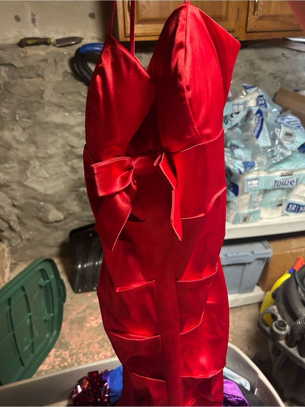 Red Satin Bow-Accent Spaghetti Strap Dress